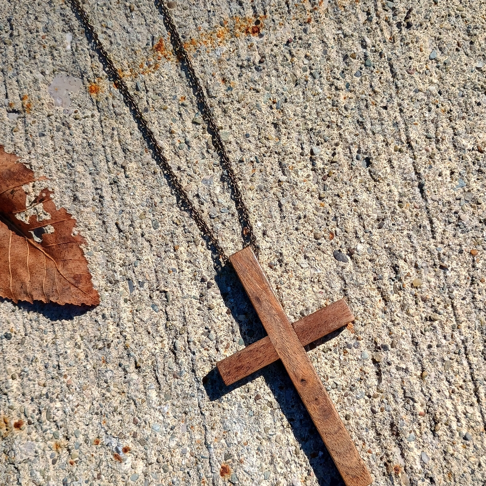 Vintage handmade wood Cross on braided bronze tone chain, Christian Jewelry